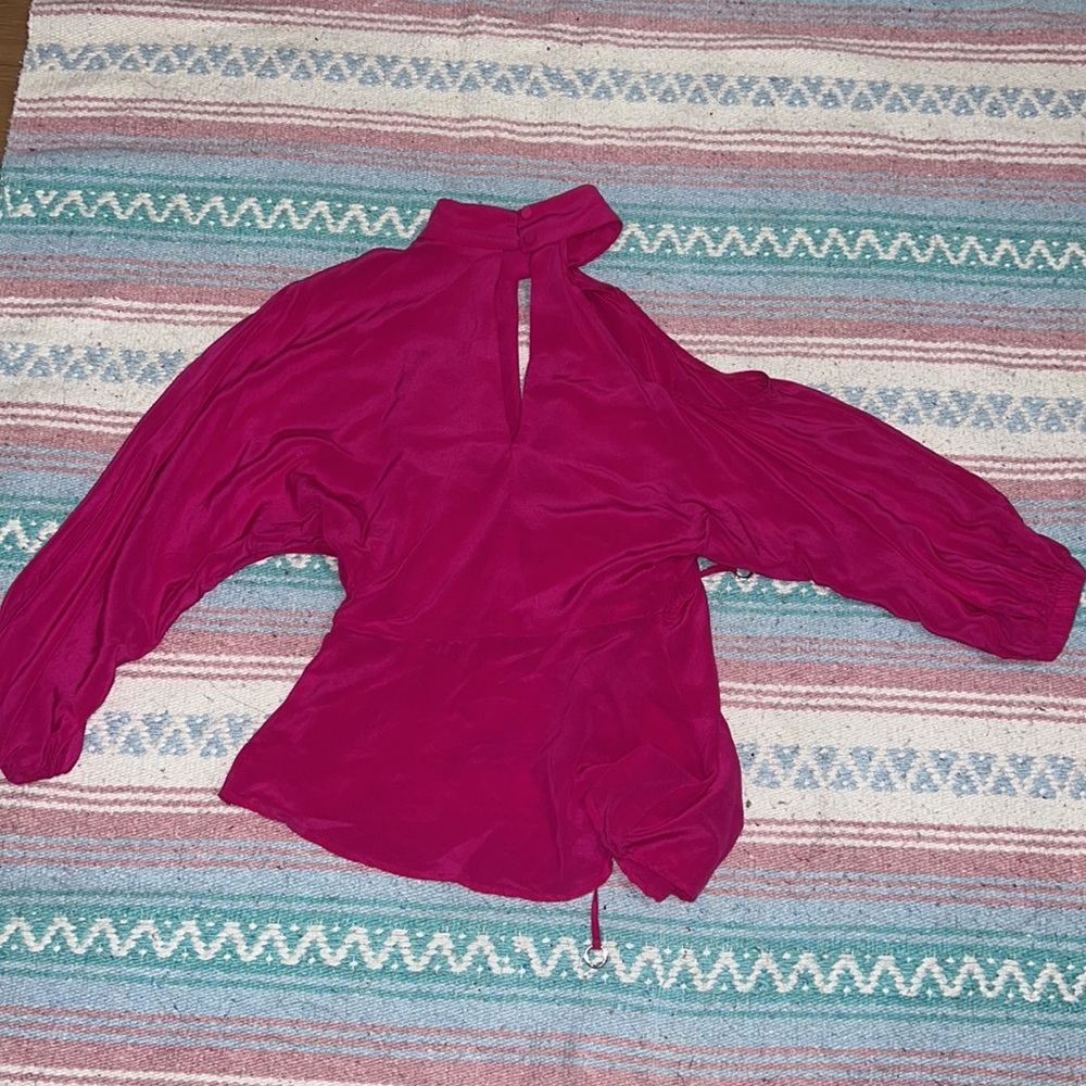 Allen Schwartz asymmetrical hot pink halter 3/4 sleeved wrap blouse - Picture 2 of 2